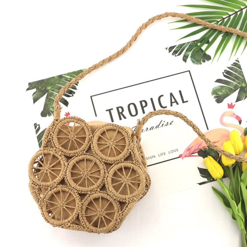 Top Handle Circular Weaving Hollow Straw Bag Beach Bag bags WAAMII   