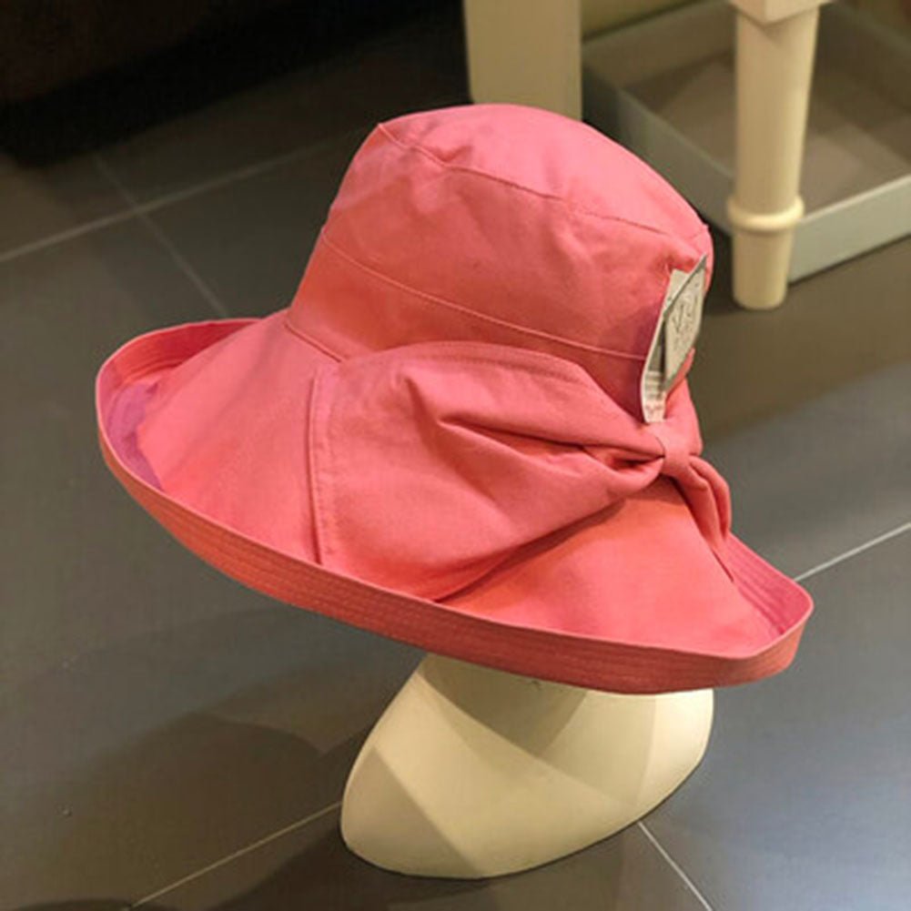UV-Proof Hat Casual Linen Cotton Butterfly Knot Wide Brim Packable Sun Hat, Wild Watermelon