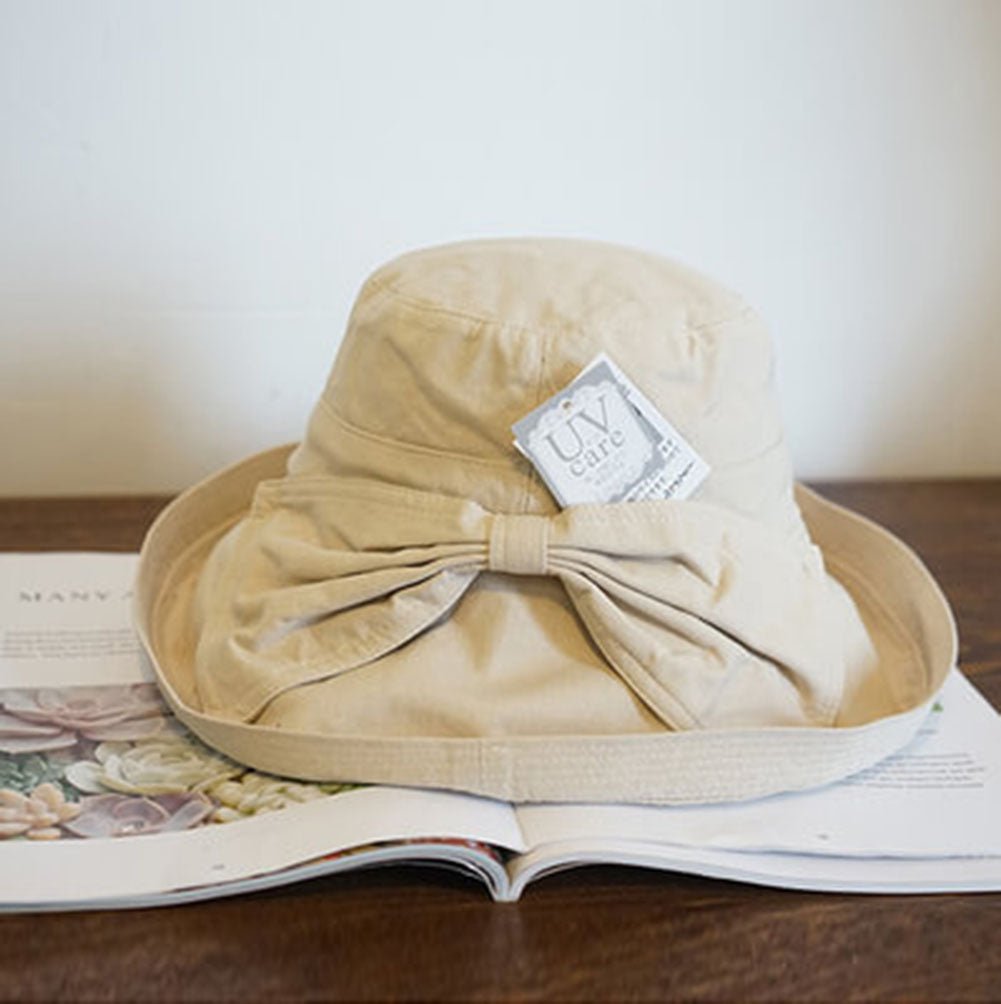 UV-proof Hat Casual Linen Cotton Butterfly Knot Wide Brim Packable Sun Hat Accessories WAAMII   