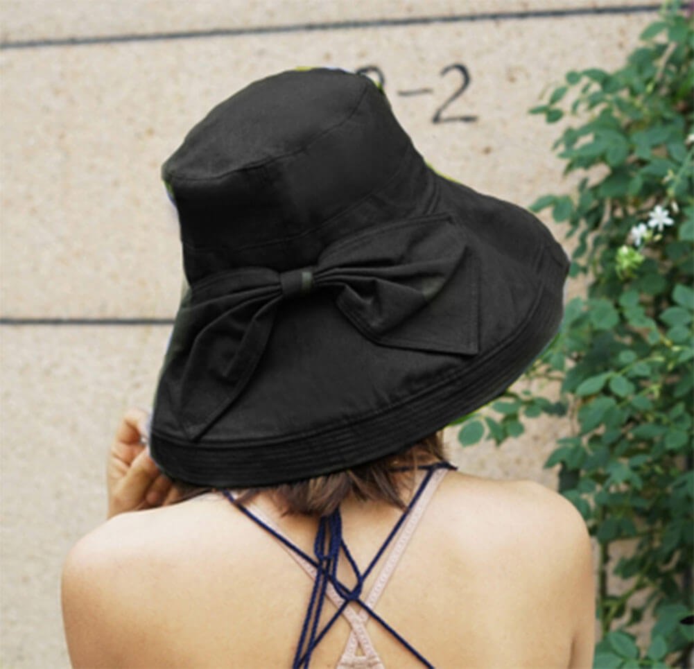 UV-proof Hat Casual Linen Cotton Butterfly Knot Wide Brim Packable Sun Hat Accessories WAAMII Black  