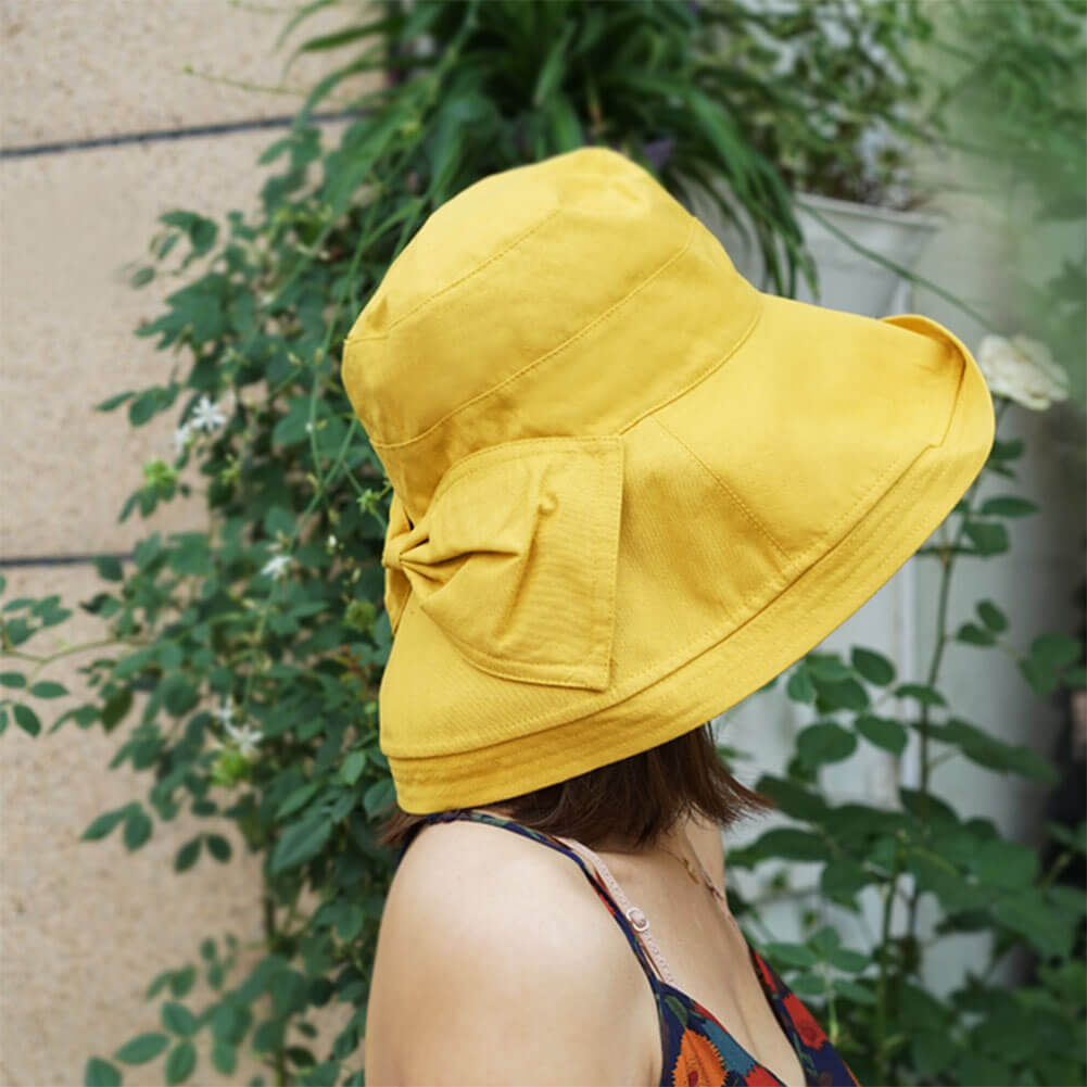 UV-proof Hat Casual Linen Cotton Butterfly Knot Wide Brim Packable Sun Hat Accessories WAAMII Yellow  