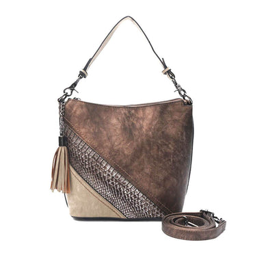 Vegan Leather Spliced Serpentine Satchel With Tassel - - Luxury bags by WAAMII