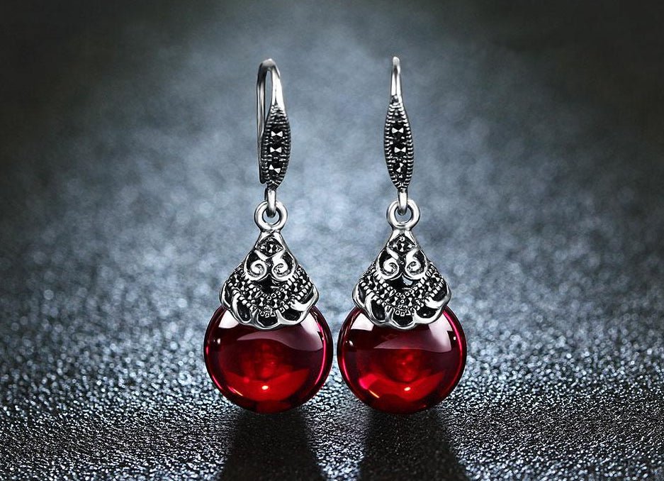 Vintage 925 Sterling Silver Engraving Red CZ Stone Oval Earrings Jewelry WAAMII   