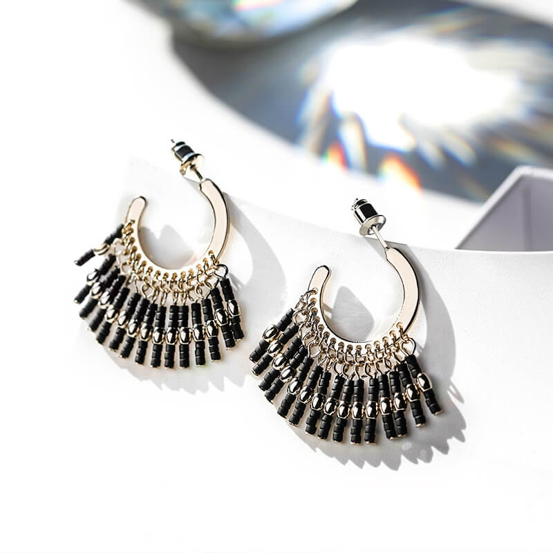 Vintage Bohemian Black Pearl Alloy Tassel Earrings Jewelry WAAMII   