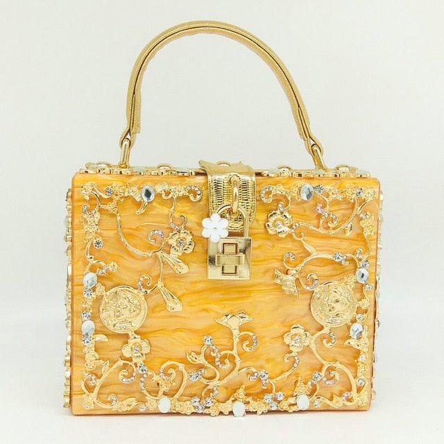 Vintage Buckle Beaded Gold Sequined Flower Clutch Handbag-Acrylic-Black - - Luxury bags by WAAMII