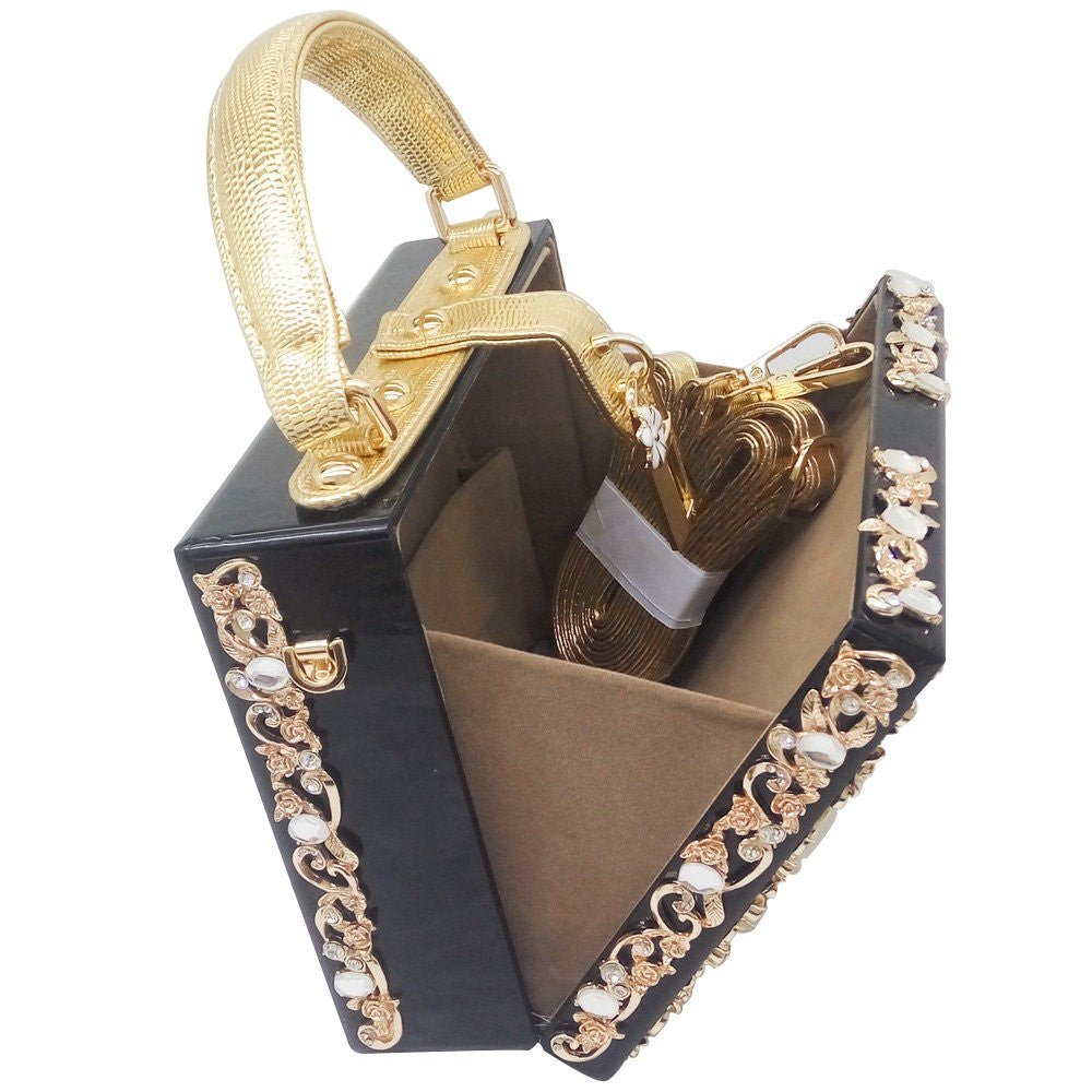 Vintage Buckle Beaded Gold Sequined Flower Clutch Handbag-Acrylic-Black - - Luxury bags by WAAMII