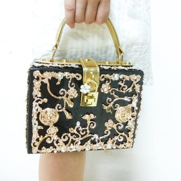 Vintage Buckle Beaded Gold Sequined Flower Clutch Handbag-Acrylic-Black - - Luxury bags by WAAMII