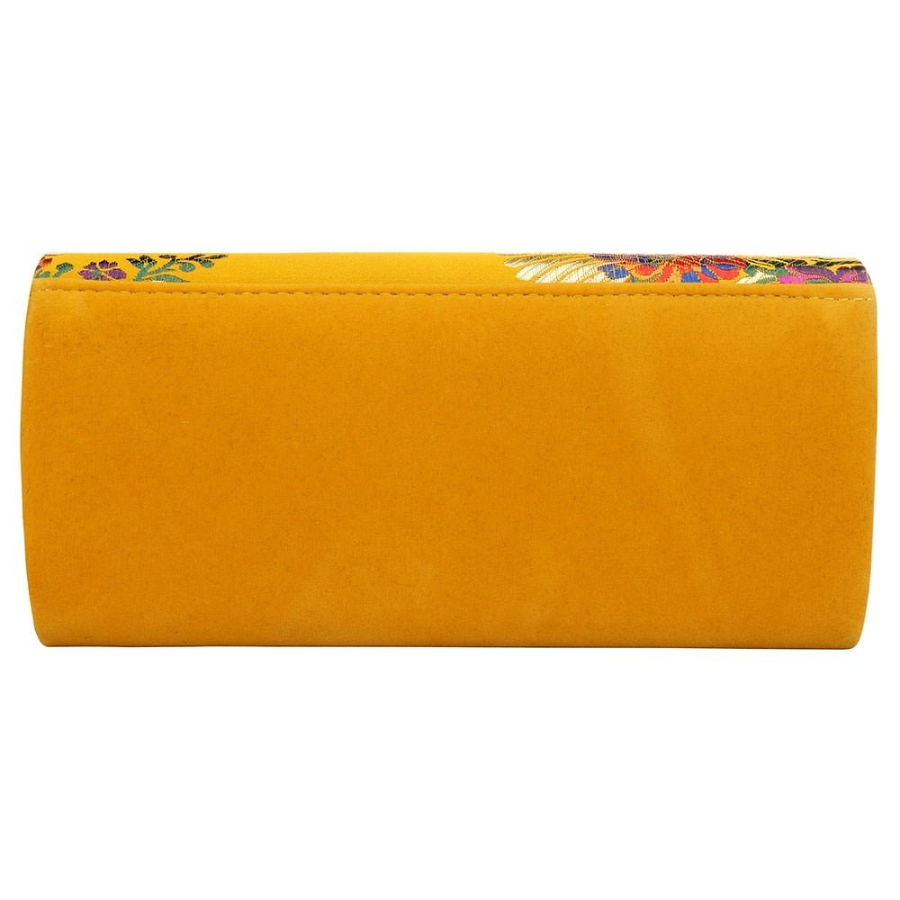 Vintage Floral Embroidered Suede Clutch Bag Evening Purse With Sling-Yellow bags WAAMII   