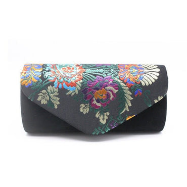 Vintage Floral Embroidered Suede Clutch Bag Evening Purse With Sling-Yellow - black - Luxury bags by WAAMII