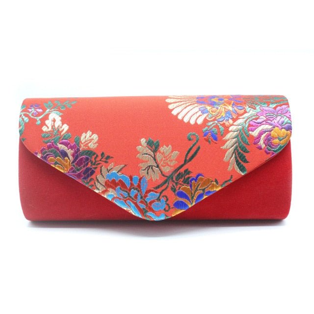 Vintage Floral Embroidered Suede Clutch Bag Evening Purse With Sling-Yellow bags WAAMII red  