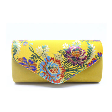 Vintage Floral Embroidered Suede Clutch Bag Evening Purse With Sling-Yellow - - Luxury bags by WAAMII