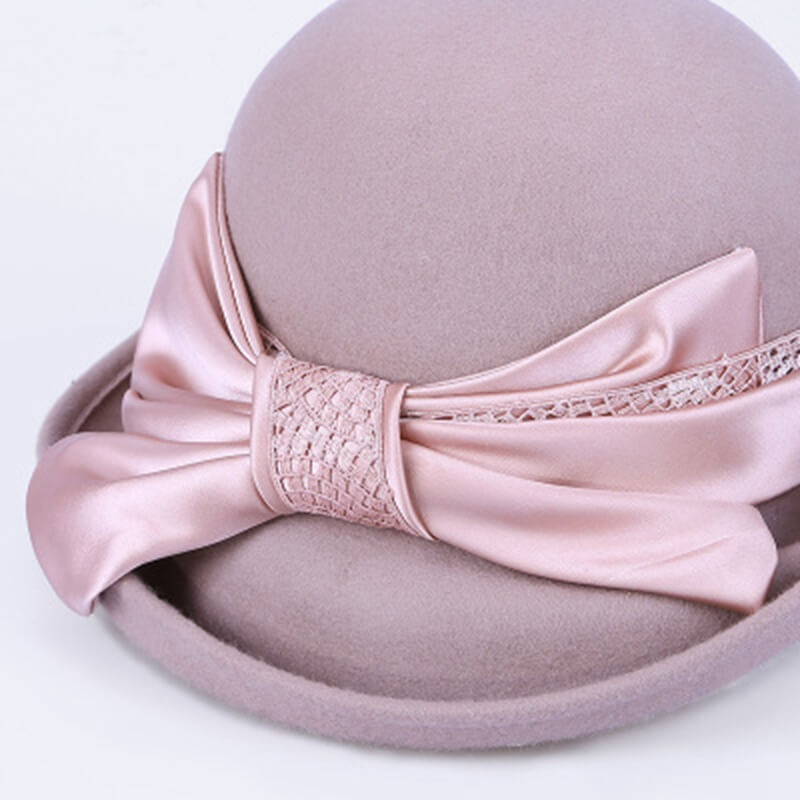 Vintage Winter Irregular Brim Bowknot Wool Cloche Fedora Hat Accessories WAAMII   