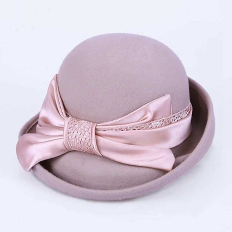 Vintage Winter Irregular Brim Bowknot Wool Cloche Fedora Hat Accessories WAAMII Pink  