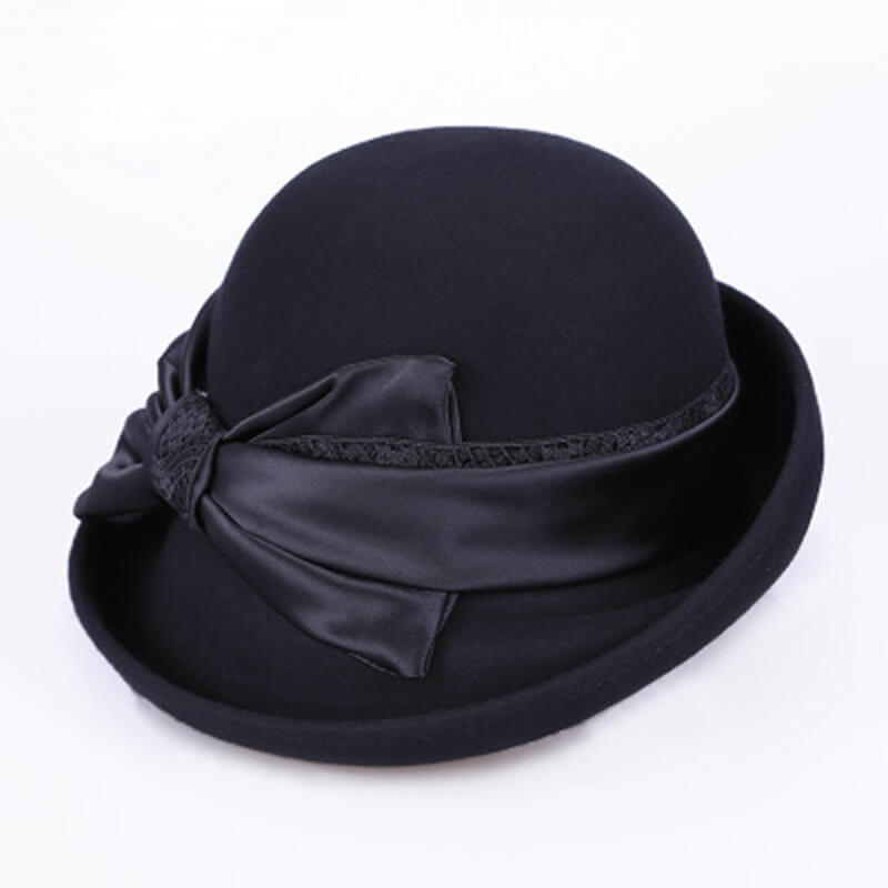 Vintage Winter Irregular Brim Bowknot Wool Cloche Fedora Hat Accessories WAAMII   