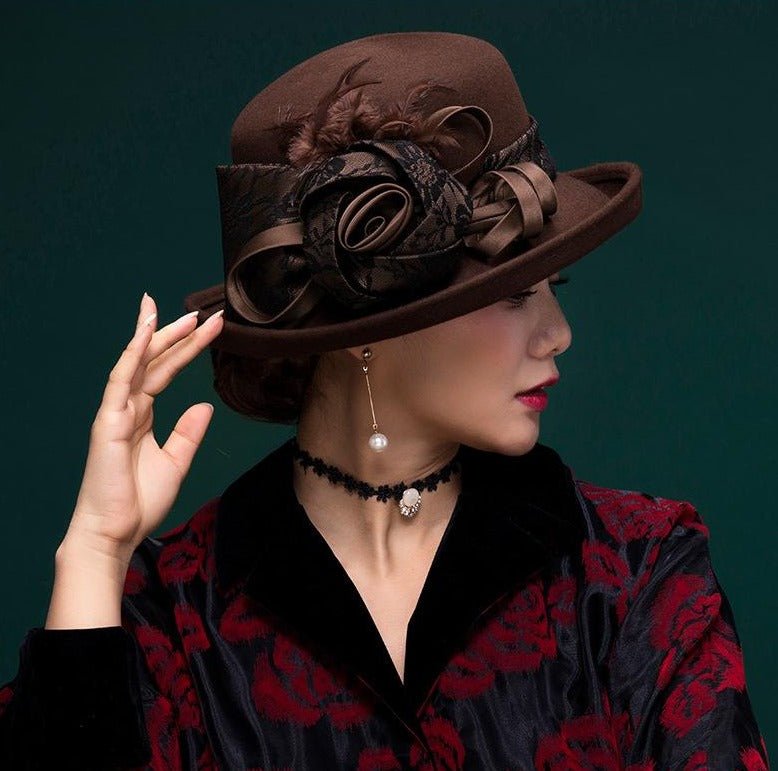 Women Vintage Elegant Lace Floral 100% Wool Cloche Accessories WAAMII   