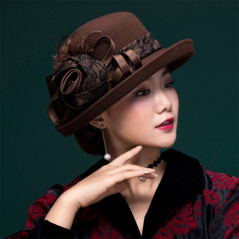 Women Vintage Elegant Lace Floral 100% Wool Cloche Accessories WAAMII   