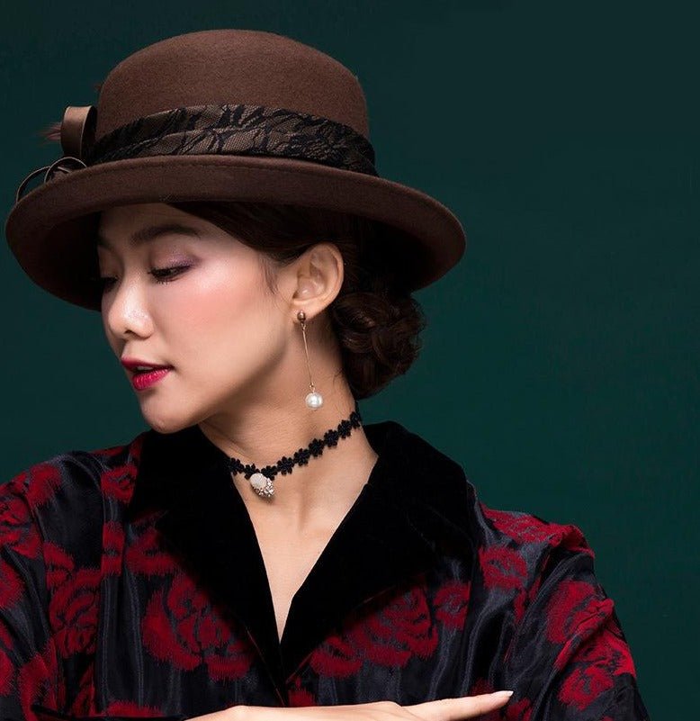 Women Vintage Elegant Lace Floral 100% Wool Cloche Accessories WAAMII   