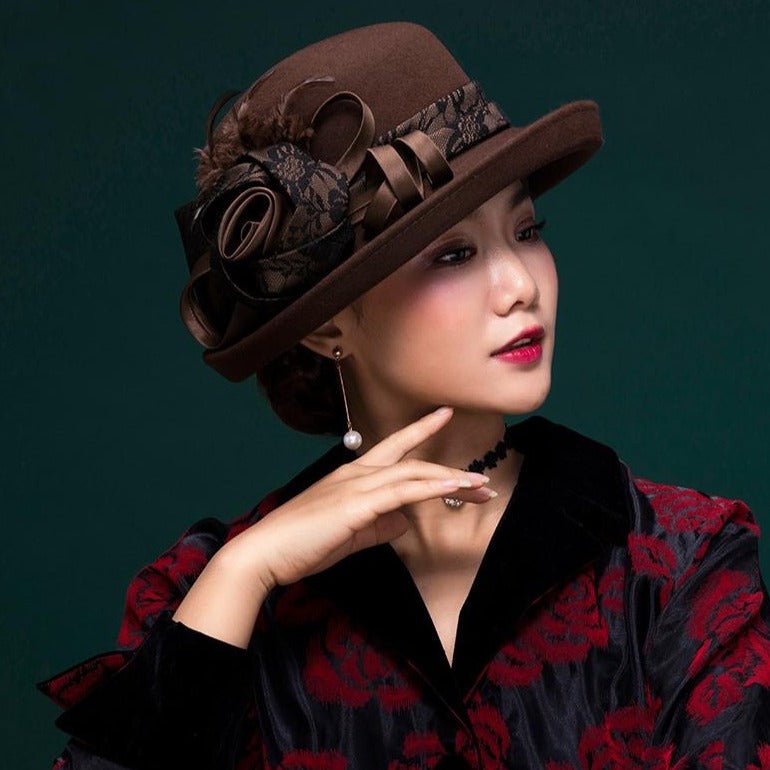 Women Vintage Elegant Lace Floral 100% Wool Cloche Accessories WAAMII   