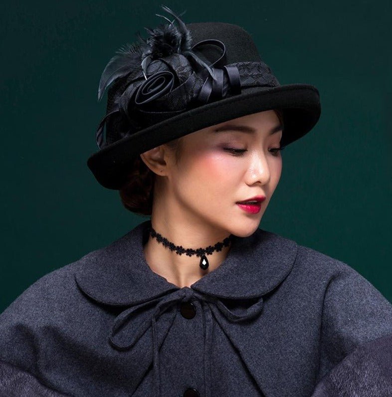 Women Vintage Elegant Lace Floral 100% Wool Cloche Accessories WAAMII   