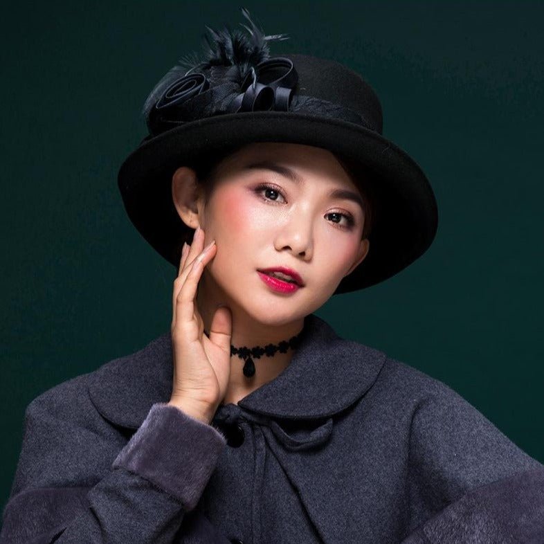 Women Vintage Elegant Lace Floral 100% Wool Cloche Accessories WAAMII Black  