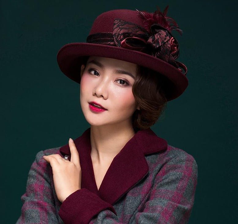 Women Vintage Elegant Lace Floral 100% Wool Cloche Accessories WAAMII Wine  