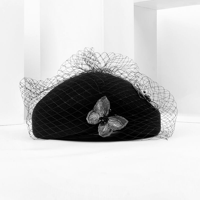 Women Wool Beret Veil Fascinator Butterfly Hat Church Hat WB3141 Accessories WAAMII Black  