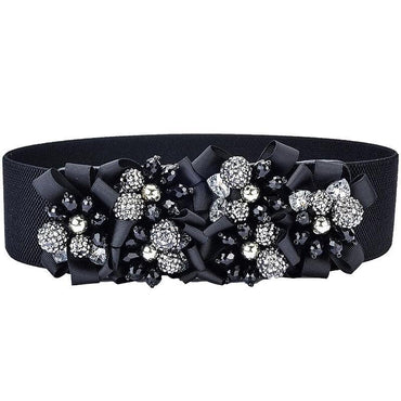 Womens Crystal Flower Elastic Belt Waistband-Black - - Luxury Accessories by WAAMII
