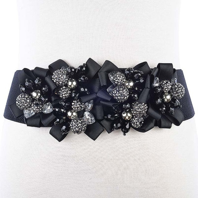 Womens Crystal Flower Elastic Belt Waistband-Black Accessories WAAMII Black 63cm 