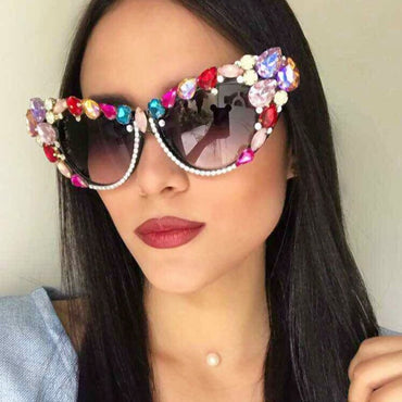 Womens Sunglasses Oversized Colorful Rhinestone Cat Eyes Sunglasses Vintage Shades - - Luxury Accessories by WAAMII