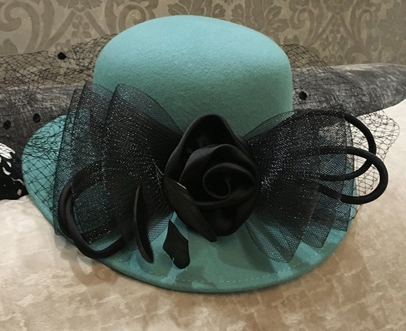 Wool Fascinator Silk Flower Derby Church Hat With Veil Accessories WAAMII Turquoise  