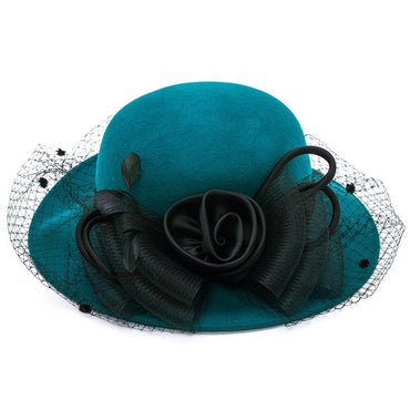 Wool Fascinator Silk Flower Derby Church Hat With Veil - Blue - Luxury Accessories by WAAMII