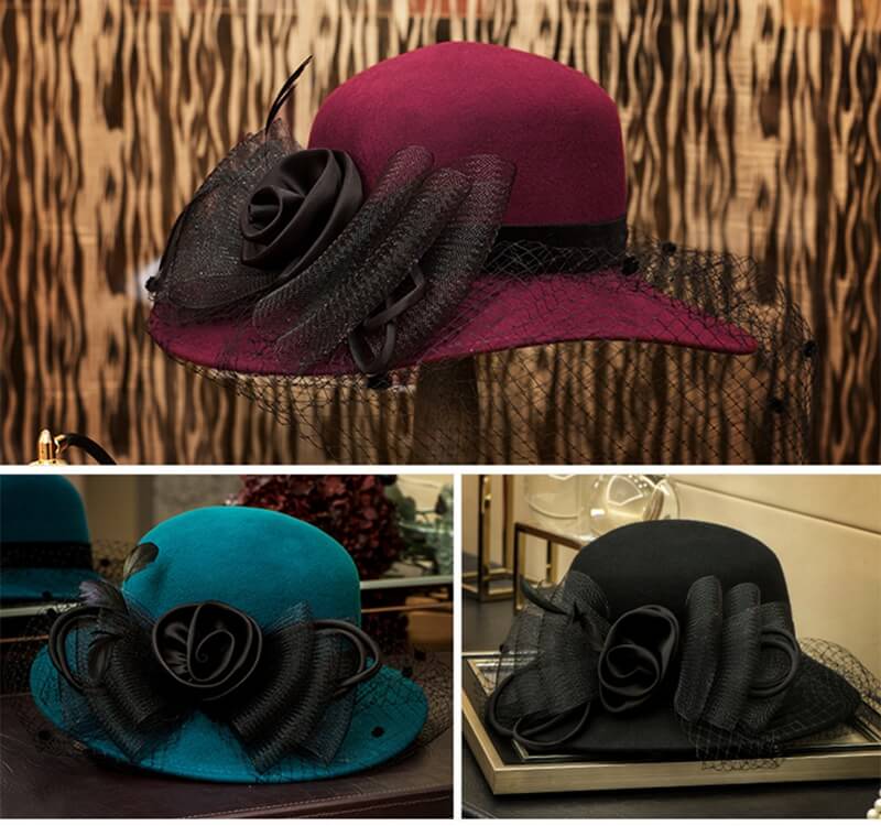 Wool Fascinator Silk Flower Derby Church Hat With Veil - - Luxury Accessories by WAAMII