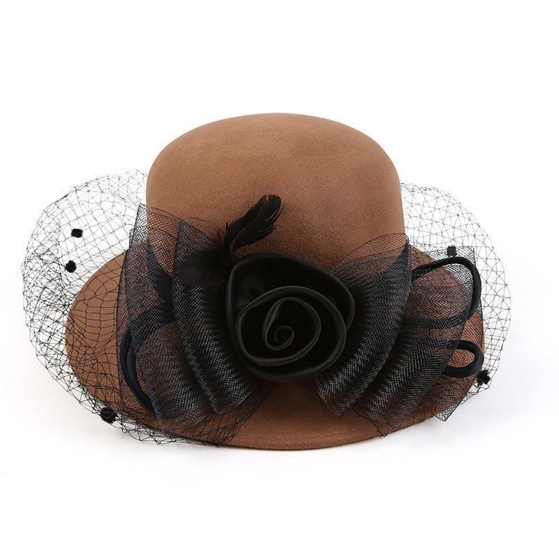 Wool Fascinator Silk Flower Derby Church Hat With Veil Accessories WAAMII Brown  