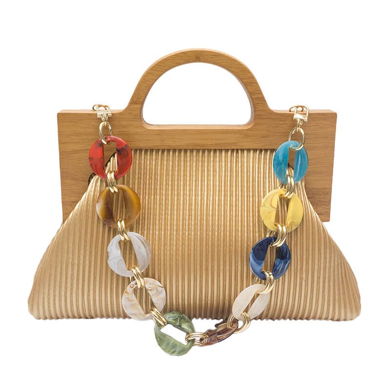 Wrinkle Leather Wooden Handle Clutch Crossbody Bag With Acrylic Bold Chains bags WAAMII Gold  