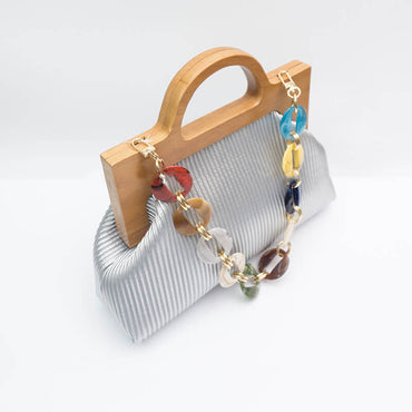Wrinkle Leather Wooden Handle Clutch Crossbody Bag With Acrylic Bold Chains - - Luxury bags by WAAMII